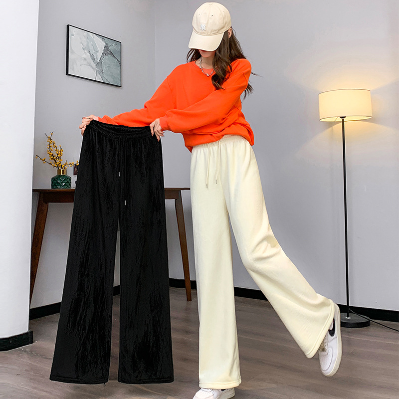 Chenille Wide-leg Pants Women's Autumn and Winter Fleece-lined Thickened Warm Casual Pants High Waist Dagging Straight Corduroy Women's Pants