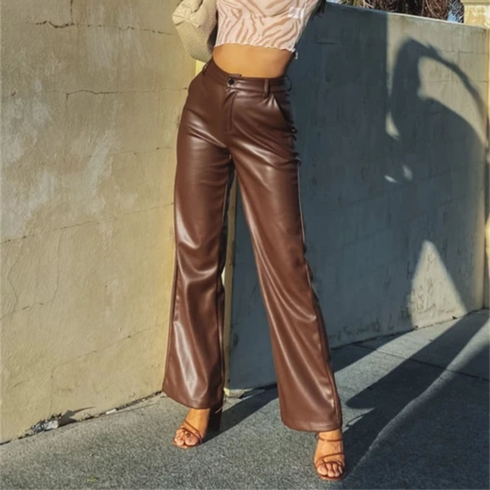 2024 leather pants European and American fashion new ladies high elastic PU leather pants leggings women's pants