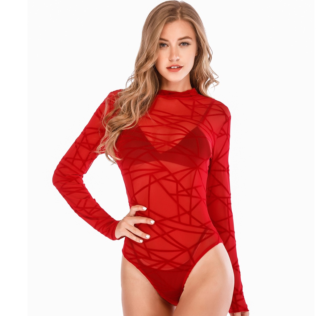 Flocking mesh jumpsuit women's long-sleeved red performance clothes classical dance clothes striped printed jumpsuit women's shorts