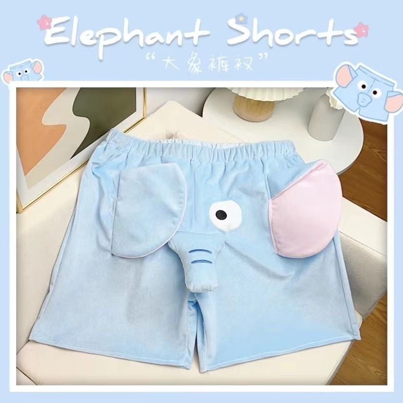 Summer Cute Elephant Short Pants Embroidered Dumbo Creative Plush Ugly Fish Couple Pajama Pants Blue Powder