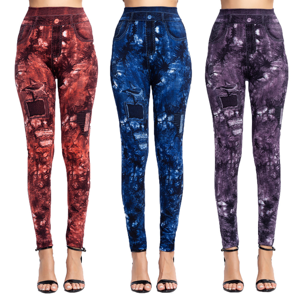 hot slim-fit hip-lifting breathable super elastic cropped pants leaf printed imitation denim leggings