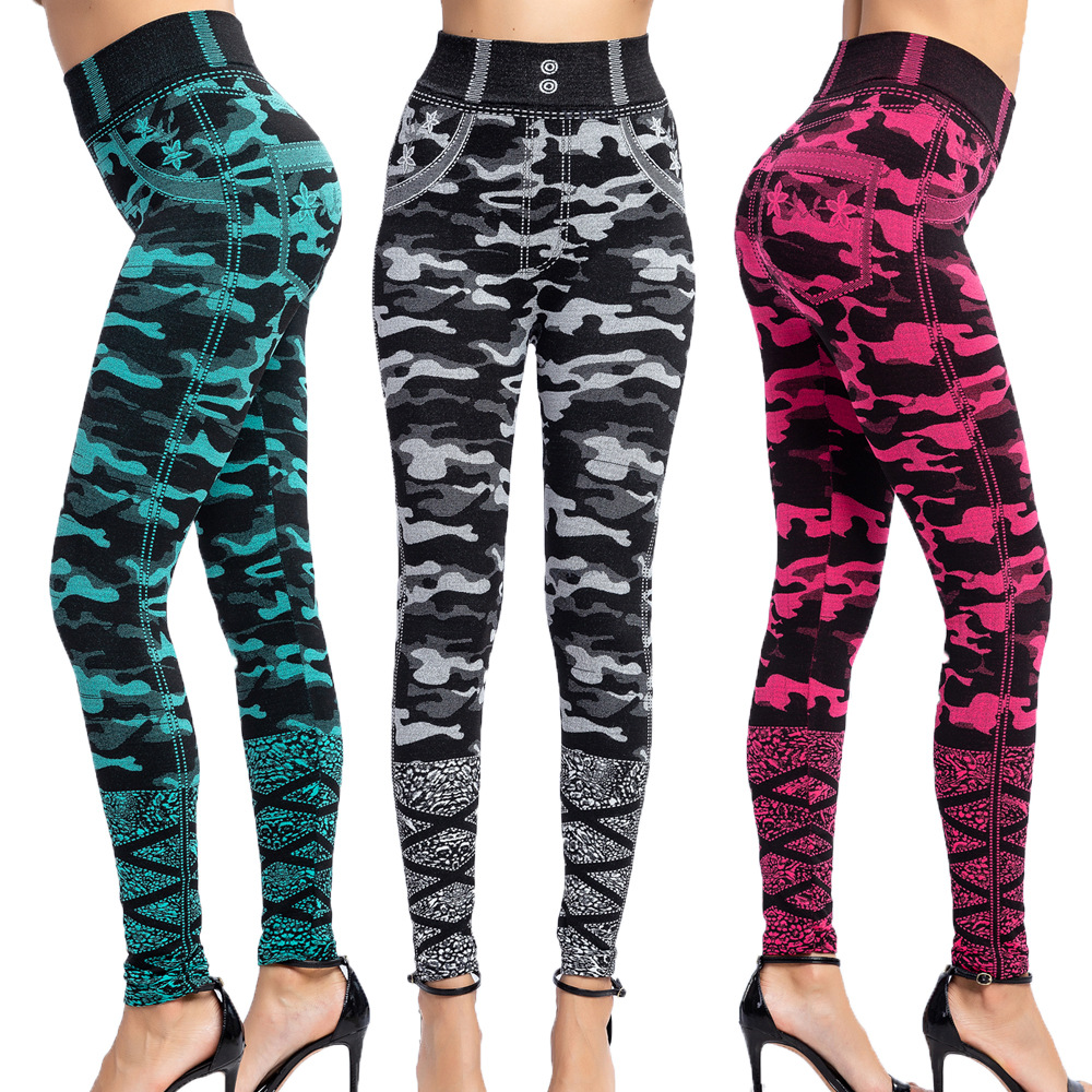 explosions sexy camouflage imitation denim leggings Stretch Slim breathable pants