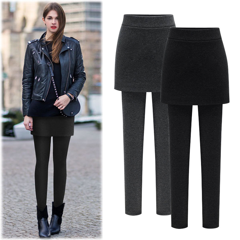 Fall/Winter 200kg plus size hip skirt fake two leggings plus velvet padded women's warm Slim Leggings