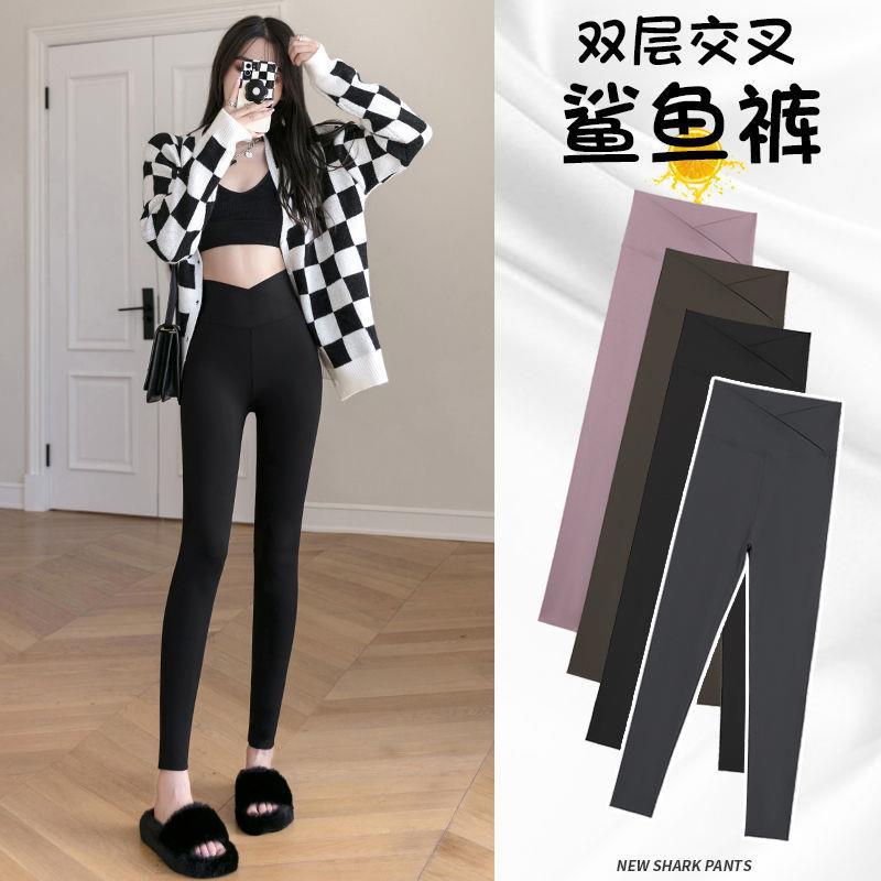 Cross waist shark pants women's outer wear spring and autumn high waist hip lifting belly contracting yoga Barbie pants thin skinny leg bottoming pants