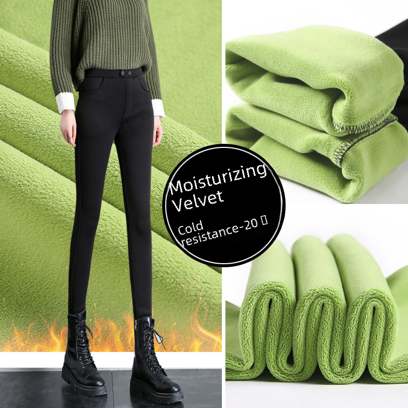 Avocado Moisturizing Pants Fleece-Lined Thickened High Waist Elastic Leggings Outer Wear Warm PVC Shea Small Black Pants