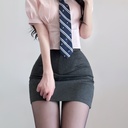 原创韩系jk制服弹力泡泡袖粉色女收腰衬衫包臀裙学院风套装纯欲风