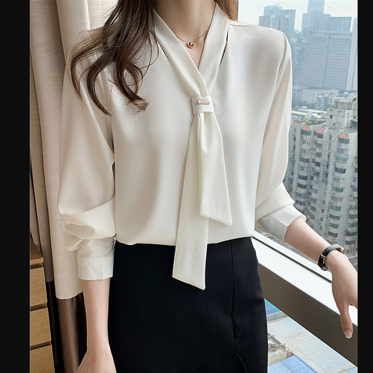 White Shirt Women's Spring and Summer Sense Niche Top Professional OL Long Sleeve Elegant Chiffon Shirt