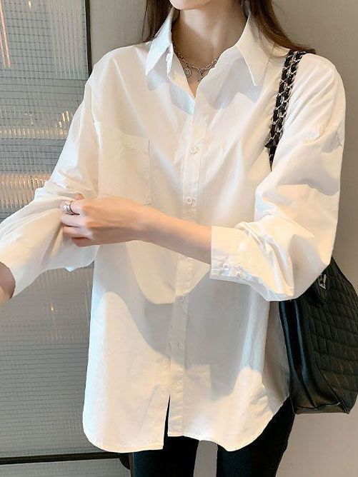 Polo collar long sleeve white shirt Women's Autumn Korean style loose all-match casual temperament cardigan top
