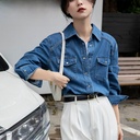 Real Shot Retro Elegant Denim Shirt Women's Autumn Sense Niche Stacked Blue Shirt Long Sleeve Top