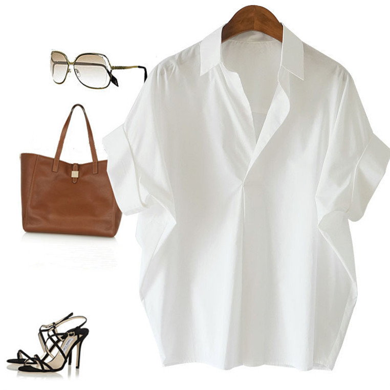 Vintage Hong Kong Style Short Sleeve Shirt Women's Summer All-match White Shirt Loose Bat Sleeve Collar Top