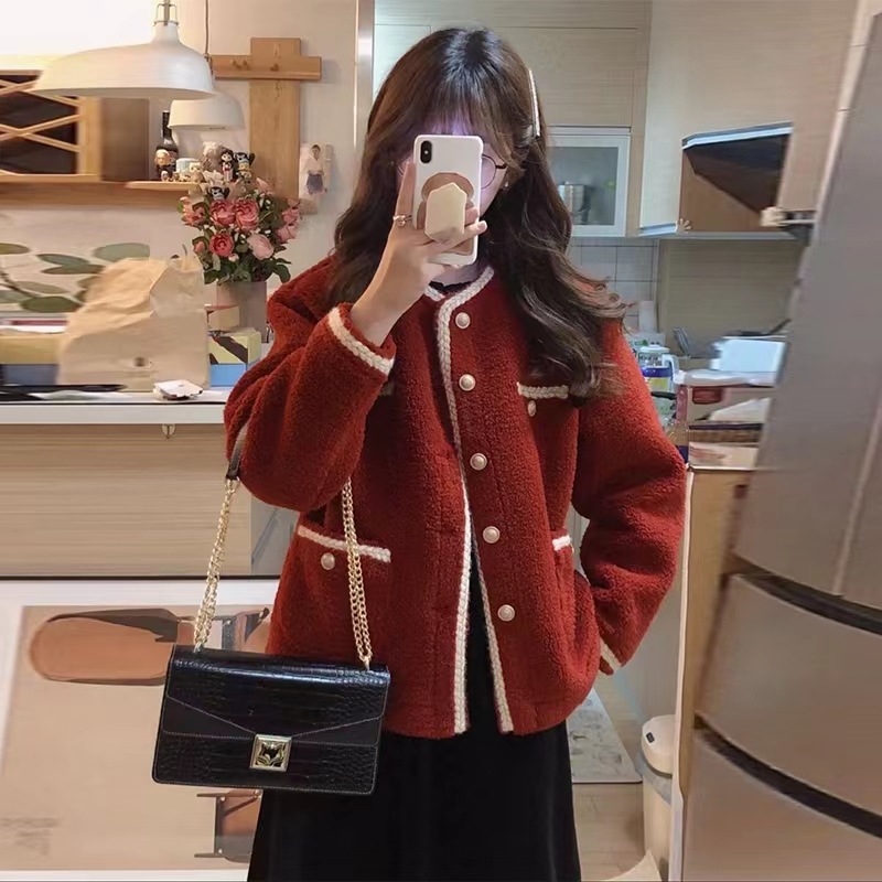 Red Chanel Style Lambswool Coat Women's Spring Autumn and Winter Thickened Year High-end Short Top