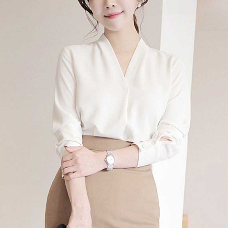 White Shirt Women's Long-sleeved Spring and Autumn Chiffon Top Professional Wear Autumn Korean Style Loose V-neck Shirt