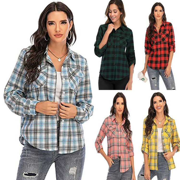 women's autumn and winter college style plaid shirt women's lapel long sleeve plaid shirt