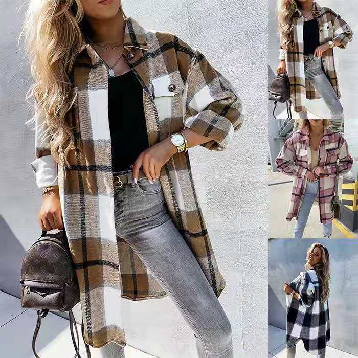 Style Straight Single Breasted Plaid Long Sleeve Shirt Large Size Jacket