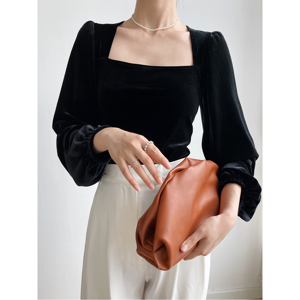 Luxi Black Golden Velvet Square Collar Shirt Women's Autumn Light Mature Design Puff Sleeve Shirt Clavicle Top 921