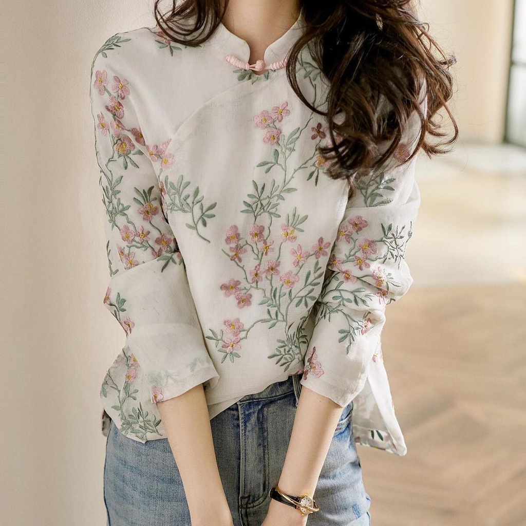 Printed Summer Chinese Modified Cheongsam Top Peach Blossom Shirt Vintage Button Long Sleeve Printed Shirt for Women
