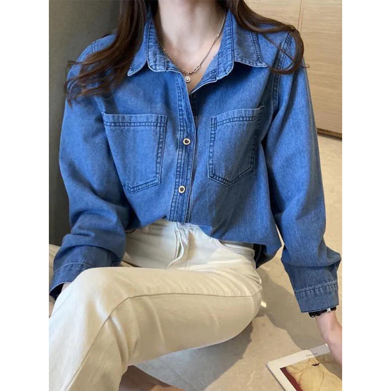 Retro Denim shirt for women spring clothing design sense niche top stacked casual loose coat shirt