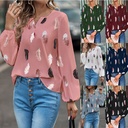 Summer Women's V-neck Feather Printing Long Sleeve Loose T-shirt Women's Top