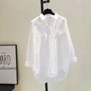 Cotton Single-breasted Lapel Solid Color Mid-length Shirt Cardigan White Loose Long-sleeved Shirt for Women