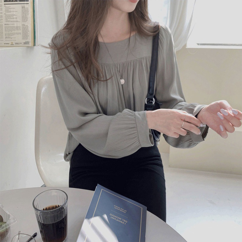 Summer Korean-style Long-sleeved Loose Square Collar Top Solid Color Shirt Women's Design Sense Chiffon Shirt