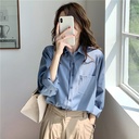 Blue Silk Chiffon Shirt Women's Spring and Autumn Single Pocket Retro Design Elegant Long Sleeve Shirt