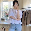 Nordic niche spring and summer sweet round neck lace-up bow tie puff sleeve waist tight solid color cute shirt 23307