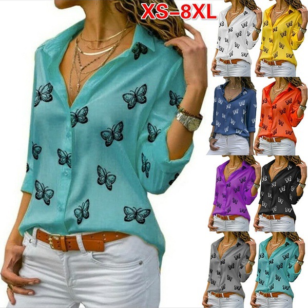 Multicolor Butterfly Print Loose Lapel Shirt for Women