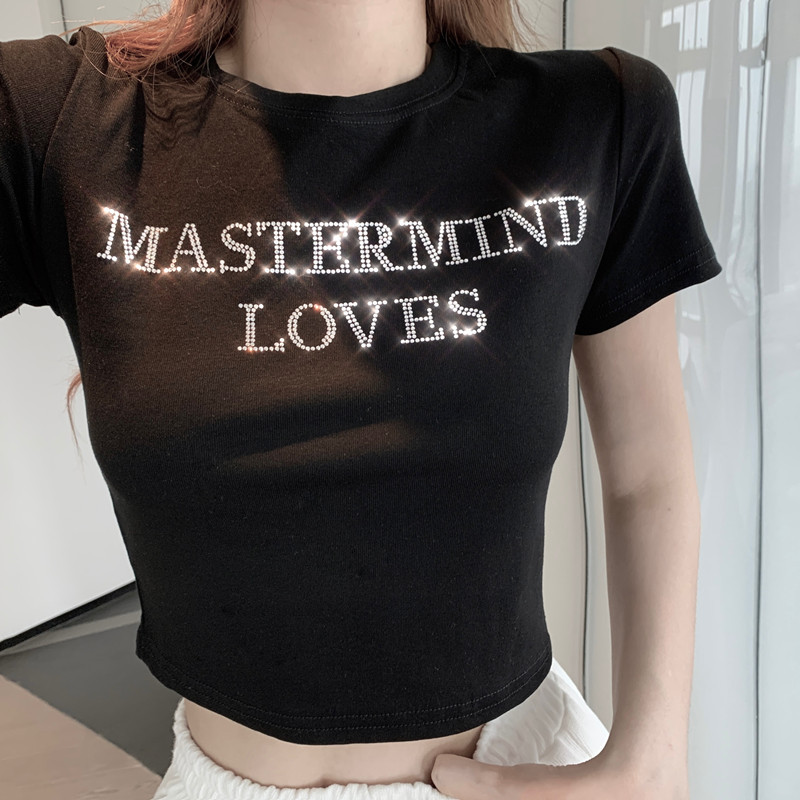 Internet Celebrity Base Shirt High Waist Navel Exposure Short Top Women's Hot Drilling Letter Slim-fit Summer Short-sleeved T-shirt Women's ins Trendy