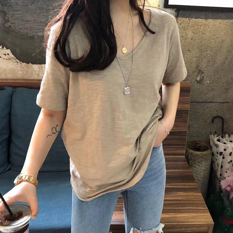 Summer Top Loose Korean Style Slub Cotton White Short-sleeved T-shirt V-neck Half-sleeved Women's in s Trendy