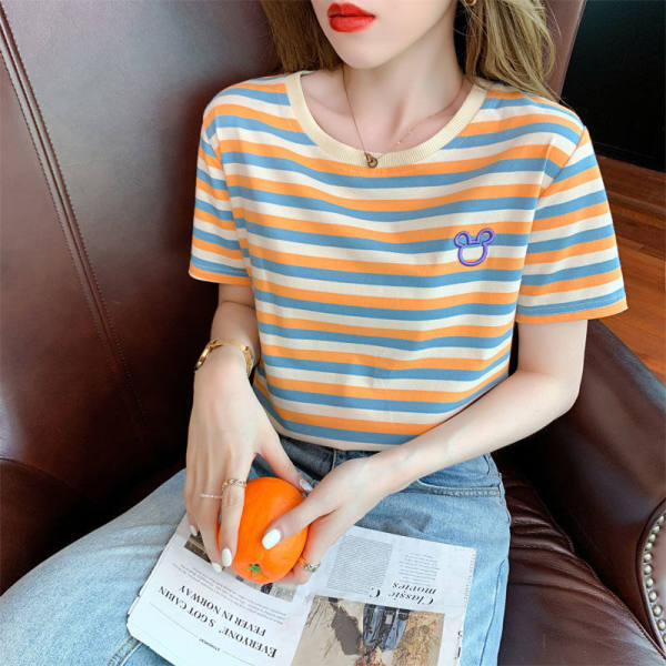 Summer Round Neck Short-sleeved Women's T-shirt Embroidered Trendy Korean Loose All-match Age-reducing Striped Top Clothes Ins