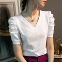 V-neck T-shirt women's short sleeve Summer skin-friendly breathable ICE cotton white T-shirt loose puff sleeve top