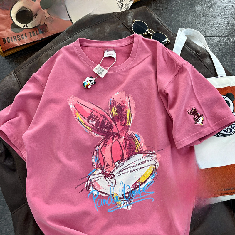 Spring Korean Style Cartoon Big Rabbit Painting Casual Half Sleeve Round Neck Pullover Cotton Short Sleeve T-Shirt for Women