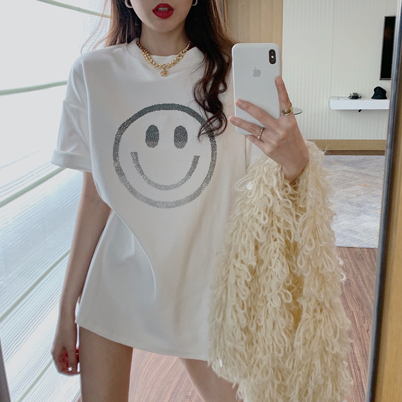 Smiley printed loose short sleeve T-shirt women's spring and summer casual bottoming shirt women's top a generation of hair