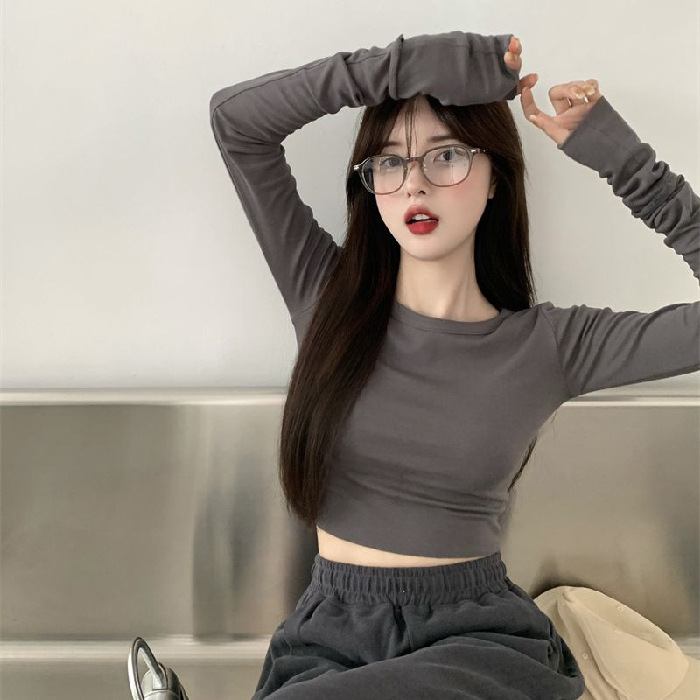 High Waist Navel-exposed T-shirt Women's Autumn Short Tight Slimming Inner Base Shirt All-match Long-sleeved Top Trendy