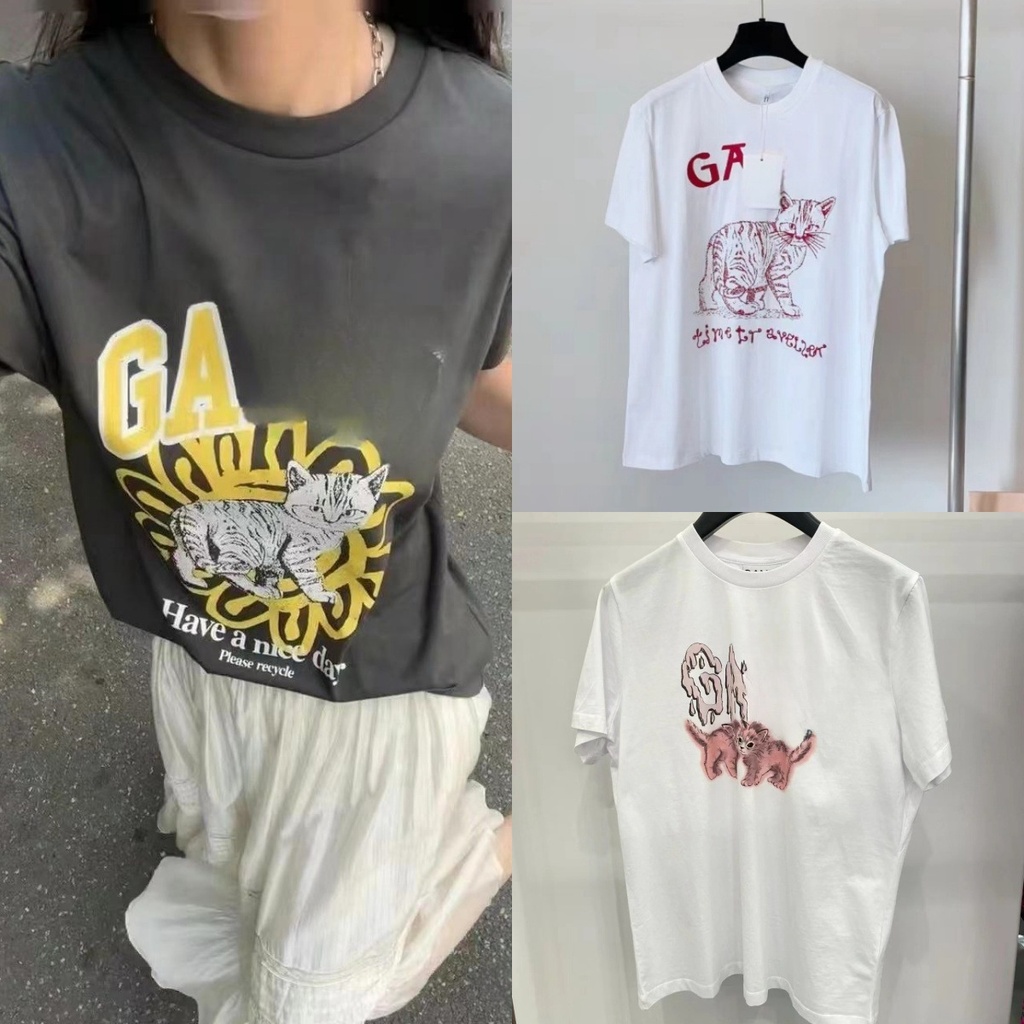 24 summer niche GAN letter cat do old printed round neck loose sweet cotton short sleeve T-shirt