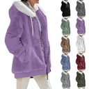 popular autumn and winter loose plush long sleeve zipper pocket hooded warm coat for women