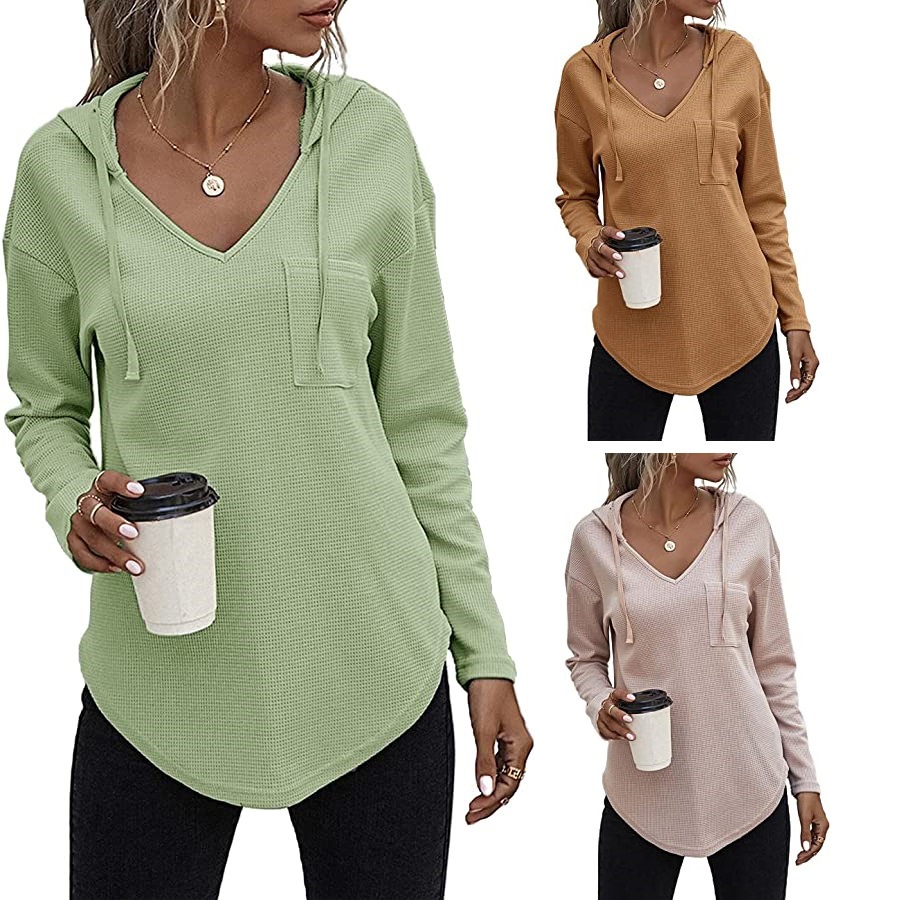 Independent Station Women's V-neck Long Sleeve Hoodie Waffles Women's Drawstring Pullover Top Pocket