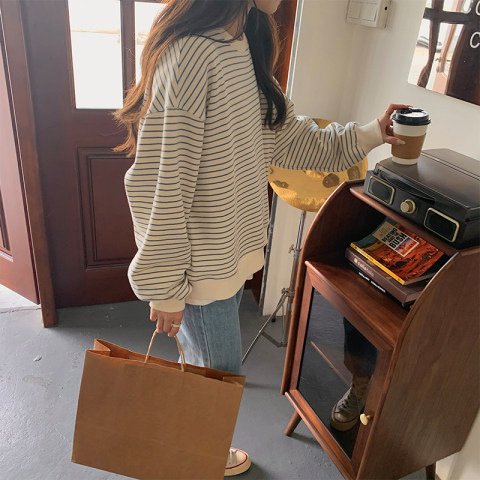 Women's Sweatshirt Early Autumn Korean Style Loose Design Sense Striped Top Round Neck Pullover Long Sleeve T-Shirt Trendy