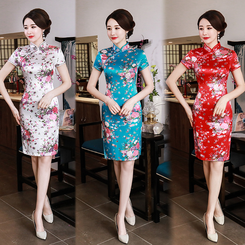 spring and summer improved cheongsam short skirt Chinese style slim fit retro daily plus size mom women's costume