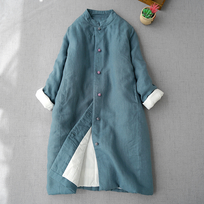 Autumn and Winter Artistic Retro Loose Large Size Women's Linen Sandwich with Vertical Collar and Buckle Mid-Length Coat Cotton Coat