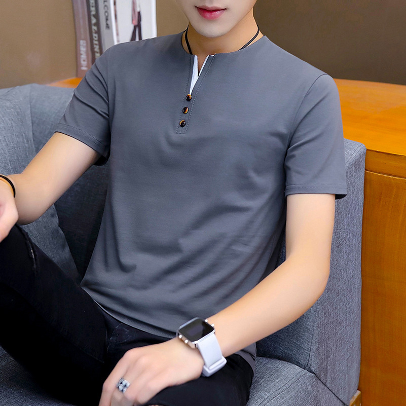 Summer Pullover Solid Color Short-sleeved V-neck Collarless Casual Clothes for Youth T-shirt Base Shirt
