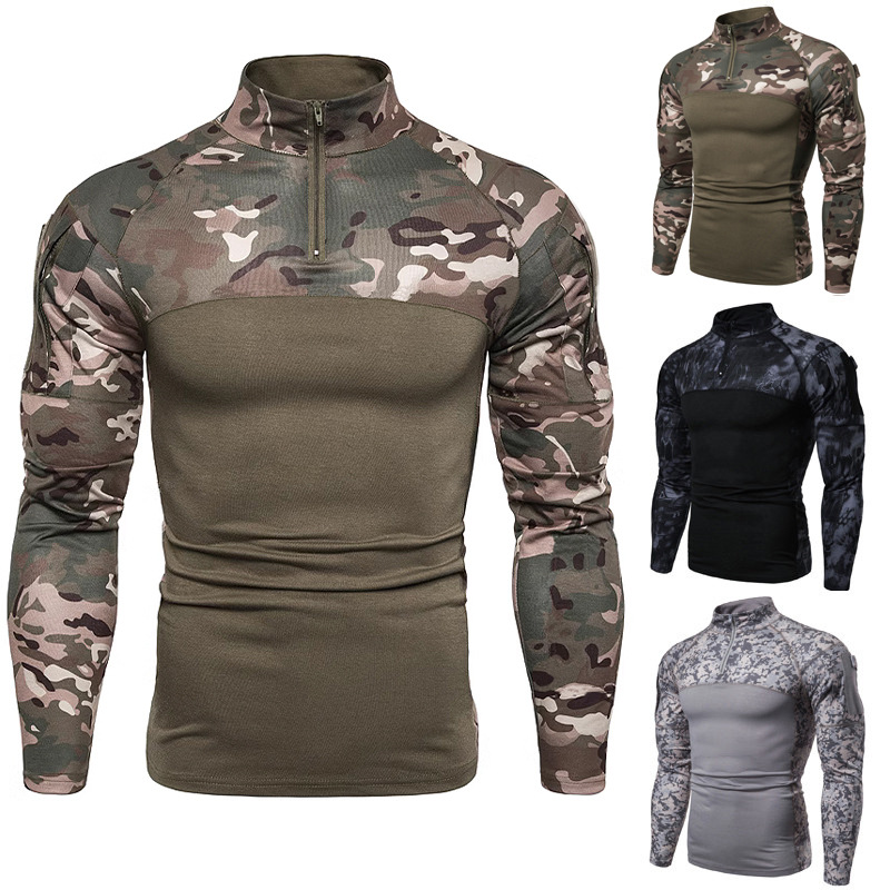 Men's Military Battlefield Outdoor Elastic Fitness Camouflage Long Sleeve T-Shirt Men's Zipper Pocket Men's Clothing