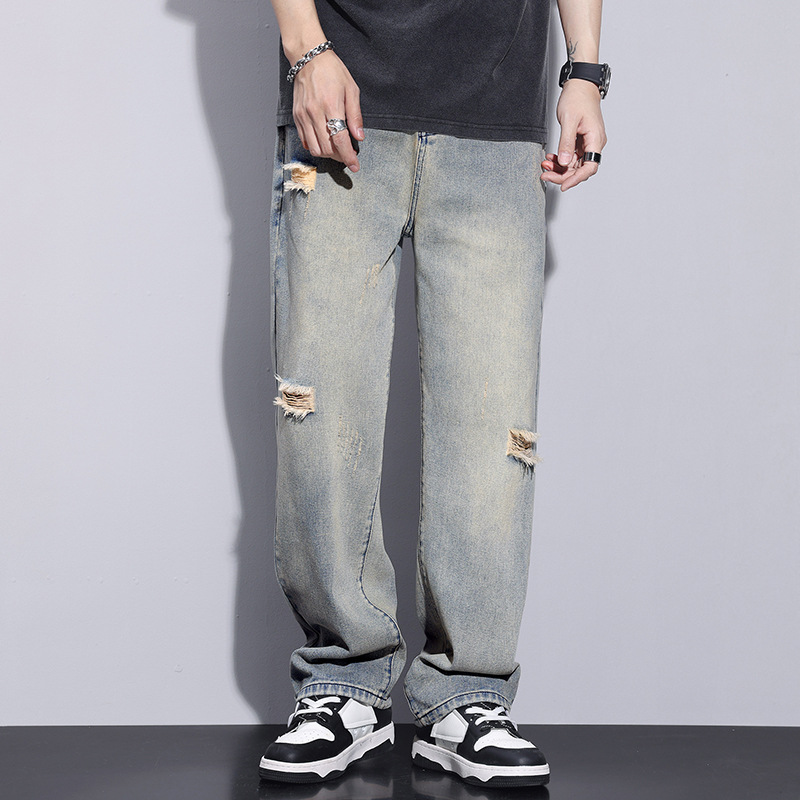 Spring and Summer Fashionable American Style High Street Loose Straight Pants Wide Leg Jeans Men's Trousers