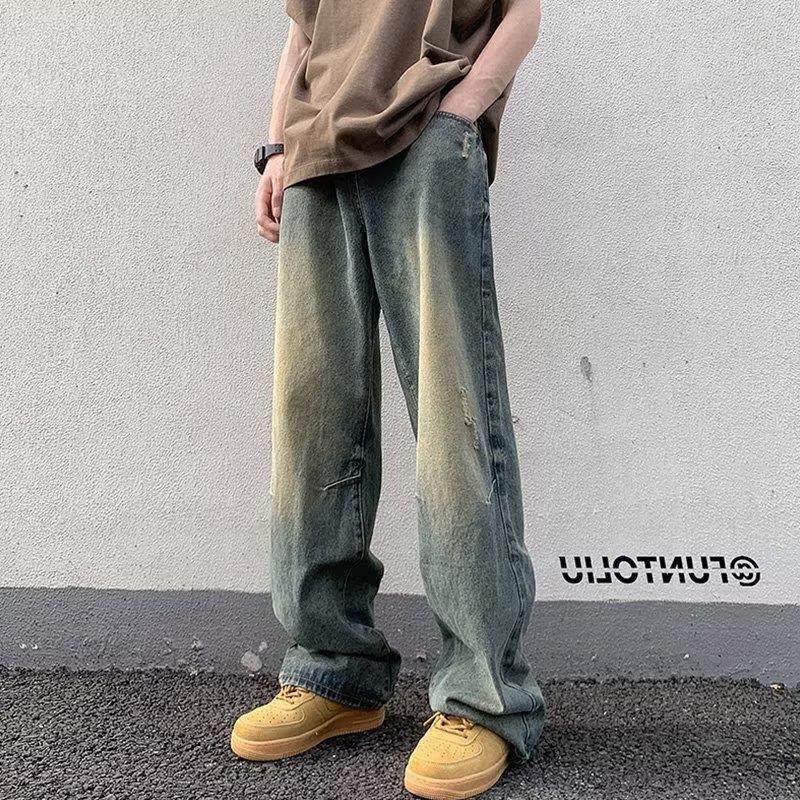 Autumn American-style Washed Old Jeans Men's Retro Loose Wide-leg Straight Pants