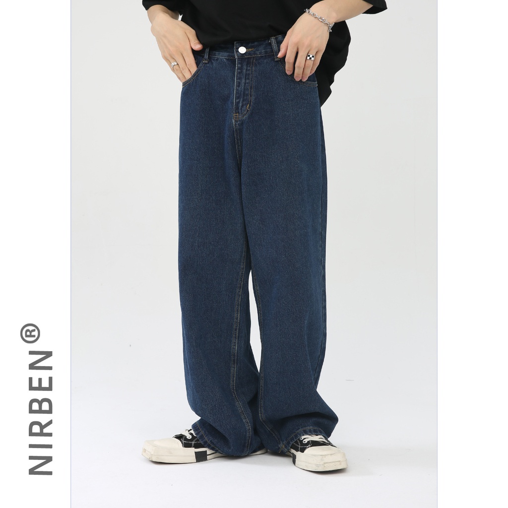 nirben Denim | Dark Blue Jeans Korean Loose Wide Leg Casual Washed Straight Long Pants