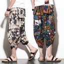 Summer men's casual cropped pants bloomers wide leg beach pants flower pants loose size Chinese style