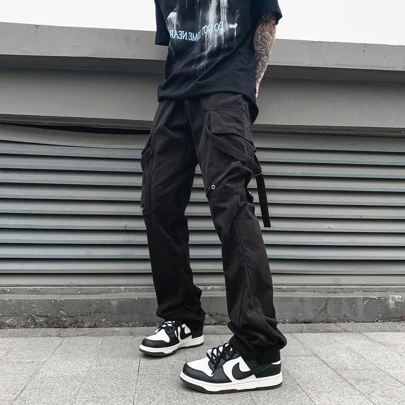 style high street strap black overalls men's ins national tide British American style street multi-pocket fried street pants