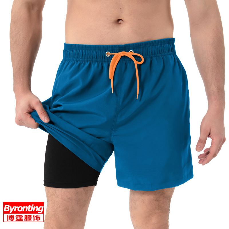 men's swimming trunks zipper pocket two-in-one beach pants men's anti-embarrassment quick-drying anti-splashing lined shorts