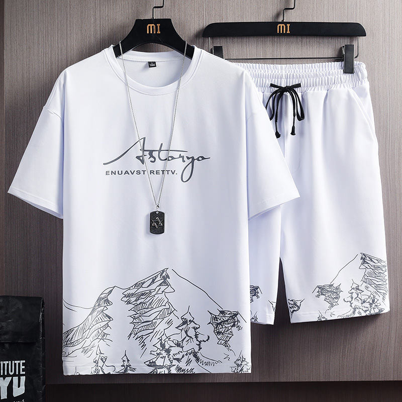 Short-sleeved T-shirt Set Men's Summer Arrival Snow Mountain Print Fashion Korean Style Slim-fit Large Size Sports Two-piece Set
