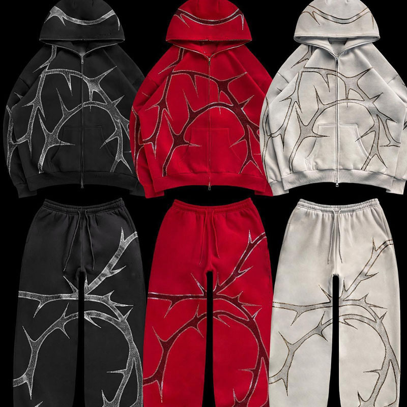 men's and women's street hoodie hot diamond zipper hooded sweater set